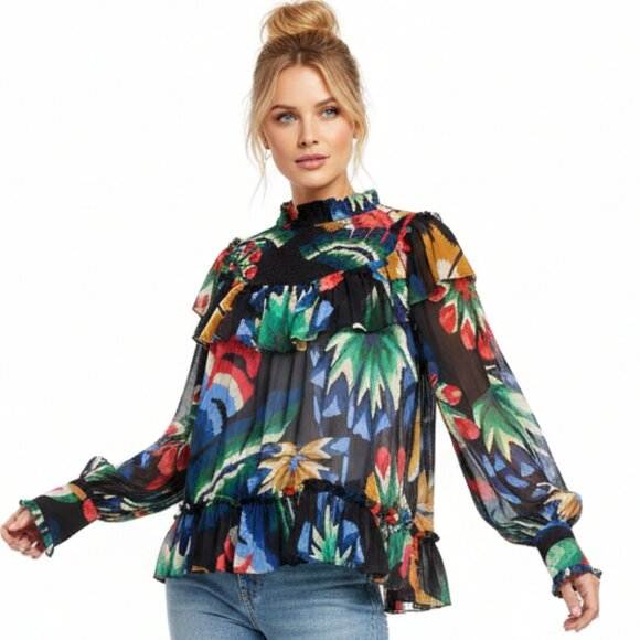 Farm Rio Smocked Ruffle Blouse Black Multi Long Sleeve S - Picture 7 of 13